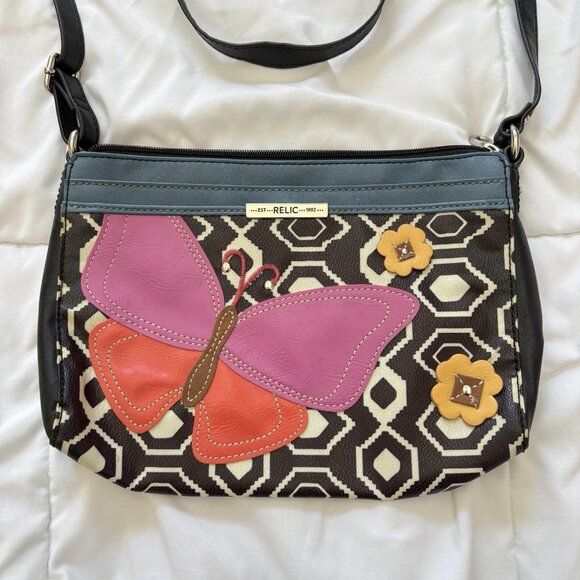 Vintage 90s Y2K Relic Crossbody Faux Leather Handbag Butterfly Black Boho Hippie - Picture 2 of 10